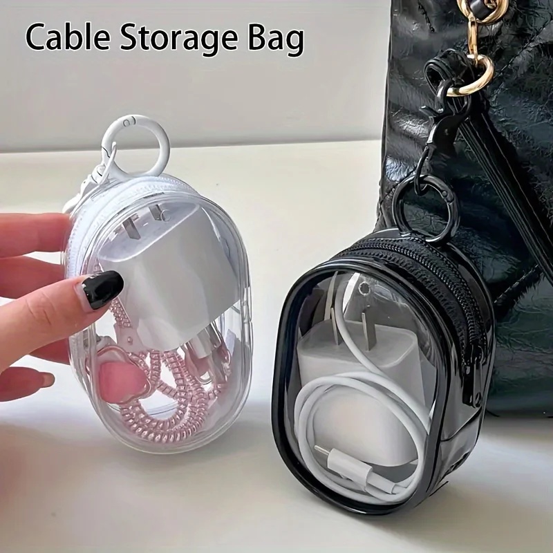 Cable Winder Keychain - Tas Penyimpanan Mini Transparan dengan Ritsleting
